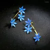 Dangle Küpeler Kore Moda Takı Romantik Mavi Sarı Emaye Çiçeği Kadınlar İçin Uzun Düğün Aksesuarları Boho