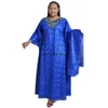 Ethnic Clothing Dashiki African Dresses for Women Spring Summer Blue Yellow Oneck Long Dress Inner and Headtie Clothes 230821