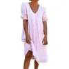 Casual Dresses Women's Up Solid Color Linen V Neck Loose Short Sleeve Dress Long