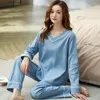 Women's Sleep abbigliamento autunno a doppia lunghezza in cotone a maglia in pitpistica rotonda per pigiama casual per home abbraccio sottile set sottile a 2 pezzi