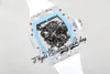 RMF AET 055 Mens Watch RMUL2 Mechanische handwindende True Balance Spring Crystal White Case Skelet Dial Blue Inner Ring Rubber Riem Super Edition Eternity Watches