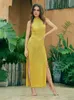 Swimwear 2022 Yellow Long Crochet Tunic Sexy Halter Neck Sleeveless Maxi Dress Summer Clothing Women Beach Wear Swim Suit Cover Up A1219