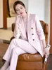 Women's Two Piece Pants Fashion Pink Green Black Ladies Work Wear Pant Suit Women Female Button Decoration Formal Jacket Blazer And Trouser