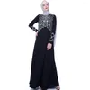 Etnische kleding Women's prachtige bloemen borduurwerk abaya jurk lange mouw ronde nek a-line maxi moslimgewaad plus maat