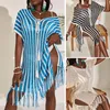 Bademode Sexy Bikini Cover Up Strandkleid für Frauen Sommer Fransen Badeanzug Cover Ups Gestreift Blau Weiß Pareo Tunika Häkeln Lässige Tuniken