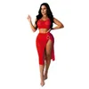 Cover-Up 2020 NYTT MESH HOLLOW OUT 2st/Set Beach Dress Sexiga kvinnor Se genom Crop Top+High Split Bikini Swimsuit Bathing Suit Cover Up