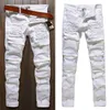 Heren spijkerbroek mannen magere stretch denim gescheurde broek bedroefd freyed slank fit vernietigd zwart wit rood