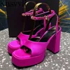 Kobiety super wysokie sandały satynowe obcasy krążkowe kostki klamry buty ślubne buty ślubne Chunky Summer Platform Woman 118