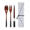 Dinnerware Sets 3Pcs Wooden Spoon Fork Chopsticks High-quality Japanese Style With Bag Cutlery Set Reusable Tableware Portable Suit