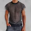 Erkek Tişörtleri Avrupa Amerikalı erkekler kolsuz tişört perspektifi oyuk sıradan seksi püskül örgü şeffaf tank üst yuvarlak boyun