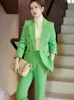 Women's Two Piece Pants Fashion Pink Green Black Ladies Work Wear Pant Suit Women Female Button Decoration Formal Jacket Blazer And Trouser