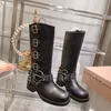 NIEUWE Designer Boots Women Martin Boots High Platform Bruin Lederen Knight Boots Round Toe D chunky hiel riem gespannen schoenen maat 35-40 met doos