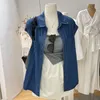 Bluzki damskie Koreańska moda niebieska koszula dżinsowa kobiety letnie rękawe osoby z zewnątrz noszą przyczynowe luźne kardiganowe pranie vintage płaszcz z płaszczem