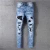 Классический дизайнер с печатной вышивкой Mens Jeans Motorcycle Hole Luxury Denim Men's Fashion Street Wear Men Pants ht59