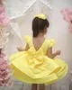 2023 Yellow Pearls Flower Girl Dresses Ball Gown Short Satin Tiers Vintage Little Girl Peageant Dress Gowns ZJ410