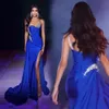 Prom Party Gown Royal Blue Evening Dresses Formal Mermaid Sweetheart Sleeveless Sweep Train Satin Beaded Sequins Lace Up Zipper Split Front/Side New Custom