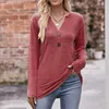 T-shirts pour femmes T-shirts d'automne Femmes T-shirt à manches longues Col en V Couleur unie Femme Bouton Pull T-shirts Stretch Lâche Casual Streetwear