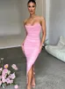 Grundläggande casual klänningar Weiyao Bodycon Maxi Dress for Women Mesh Sexig mantel Stropplös rygglös ärmlös Split Club Party Pink Evening Dress Long 230815