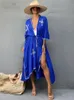 Cover-up 2022 Blue Sexy Bikini Coverups Retro Embroidered Long Kimono Dress Tunic Women Clothing Beach Wear Swim Suit Cover Up Q1378