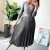 Casual Dresses Women Dress Autumn V-neck Bright Pleated Sexy High Waist Knit Female Tie Slim Swing Sweater