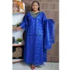 Ethnic Clothing Dashiki African Dresses for Women Spring Summer Blue Yellow Oneck Long Dress Inner and Headtie Clothes 230821