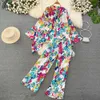 Femmes Deux Pièces Pantalons Mode Femmes Casual Lâche Floral Pantalon Costume Boho Élégant Maxi Chemises Blouses Jambe Large Pantalon Femme Partie Pièces 230818