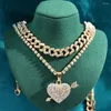 Kedjor bling Crystal Heart Pendant Tennis Chain Necklace For Women Gold Silver Color Double Layer Cuban Choker Smycken