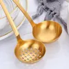 Dinnerware Sets Gold Soup Ladle Colander Set Long Handle Stainless Steel Kitchenware Cookware Serving Spoon For Cooking Utensil(2 PCS)