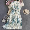 Basic Casual Dresses Spring Summer Women Tie-dye Chiffon Pleated Dress With Belt Elegant Vestidos Lapel Single-breasted Short Sleeve Ladies Dresses 2024