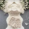 Women's Tracksuits 2023 Summer Fashion Sexy Swimming Suit Hollow Crochet Knitted Strapless Camisole Top Wide Leg Pants Shorts Two Piece Set