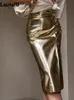Etekler lautaro bahar sonbahar parlak siyah gümüş altın pu deri etek kadın ön yarık yüksek bel uzun lüks tasarımcı kıyafetleri 2023 230818