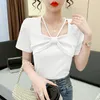 Women's T Shirts 2023 Summer Unique Hollow Out Square Neck Fashion Bow Short Sleeve T-Shirt Slim Fit and Bottom Shirt Topps