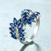 Wedding Rings Vintage Female Blue Crystal Stone Ring Dainty Silver Color Big For Women Trendy Zircon Leaf Engagement