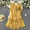 Basis Casual jurken Zomer Nieuwe mid-length vintage bloemenjurk Women Summer Vestidos met sjerpen V-hals lantaarn mouw dames Koreaanse A-lijnjurken 2024