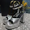 Kobiety super wysokie sandały satynowe obcasy krążkowe kostki klamry buty ślubne buty ślubne Chunky Summer Platform Woman 118