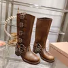 Ontwerper Martin Boots Women Boots High Platform Bruin Lederen Knight Boots Round Toe Chunky Heel Belt Borken Sierschoenen Maat 35-40 met doos