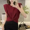 Women's Blouses Temperament Twisted Knotted Wine Red Black Tops Summer Versatile Round Neck Sleeveless T-shirt Fashion Clothes 27595