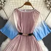 Basic Casual Dresses Summer New Women Fashion Gradient Dress With Sashes Round Neck Half Sleeve Mid-length Ladies Pleated Dress Korean Vestidos Mujer 2024