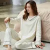 Women's Sleep abbigliamento autunno a doppia lunghezza in cotone a maglia in pitpistica rotonda per pigiama casual per home abbraccio sottile set sottile a 2 pezzi