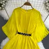 Casual Dresses A-Line Sexy Summer New Women Elegant Mid-length Pleated Dress With Belt Round Neck Half Sleeve Ladies Chiffon Dresses Vestidos White Yellow 2024