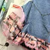 Kvinnors ytterkläder blå denimjacka Kvinnor Lykta ärm Korean Löst Autumn Vintage Tassel Lapel Flower Embroidery Net Yarn Streetwear Fashion 2024
