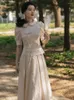 Sukienki robocze Summer Chinese Style Kobiety retro jacquard garnitur elegancki łuk krótki rękaw top plisowany midi spódnica 2-częściowe setki