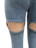 Women's Jeans Summer Fashion Diamonds Hollow Out Casual Mid Waist Denim Pockets Pencil Pants Streetwear Matching Bottoms Women Clothes