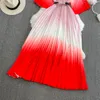 Basic Casual Dresses Summer New Women Fashion Gradient Dress With Sashes Round Neck Half Sleeve Mid-length Ladies Pleated Dress Korean Vestidos Mujer 2024