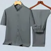 Męskie dresy 2-częściowe spodnie koszuli set kieszeń oddychalny lodowy jedwabny Jedwabny Spodnie sprężyste stojak na strój letni