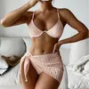 Mutade feminina 2023 3 peças conjunto de maiô feminino tanga de micro biquíni com saia de sarongue roupas de praia branca maiô de maiô rosa sólido