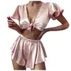 Mulheres de sono feminino Sexy Women Lace Home Wear Sleep Conjunto Casual Casual Cinza Cinza