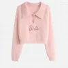 Suéteres femininos doces mohair rosa para mulheres letra bordado de bordado de malha curta camisa de lapela de lape de gola v