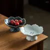 Plates Lotus Tall Feet Chinese Modern Drainable Relief Hollow Fruit Bowl Desktop Pastry Dishes Light Blue