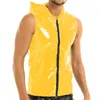 Men's Tank Tops Punk Fashion Wetlook PVC Leather Sleeveless Hoodie Top Mens With Zip Man Hip Hop Sexy Clubwear Gym Shirt Sweaters Casual